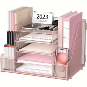 5-Tier Metal Mesh File Organizer with Side Magazine Holder – Desktop Document Tray Rack for Office, School & Home Storage