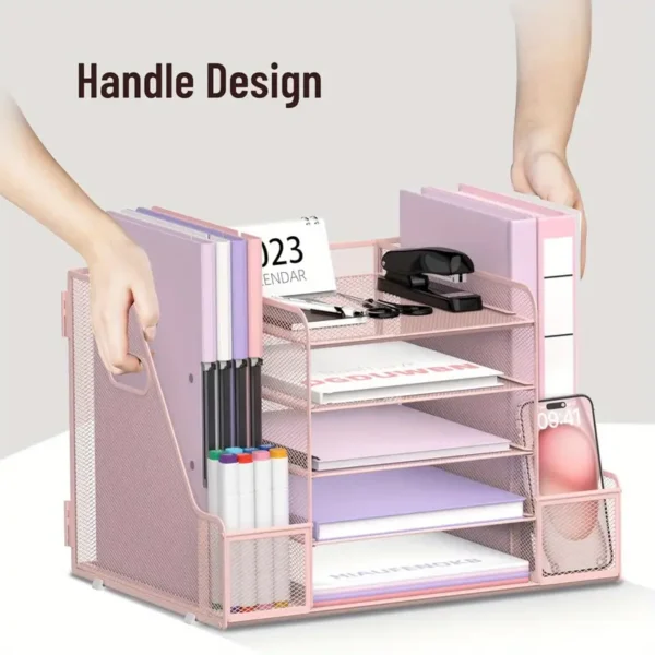 5-Tier Metal Mesh File Organizer with Side Magazine Holder – Desktop Document Tray Rack for Office, School & Home Storage - Image 3