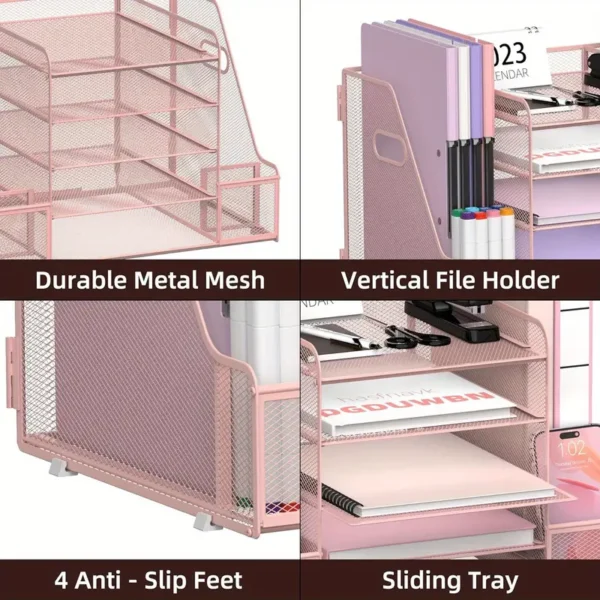 5-Tier Metal Mesh File Organizer with Side Magazine Holder – Desktop Document Tray Rack for Office, School & Home Storage - Image 4