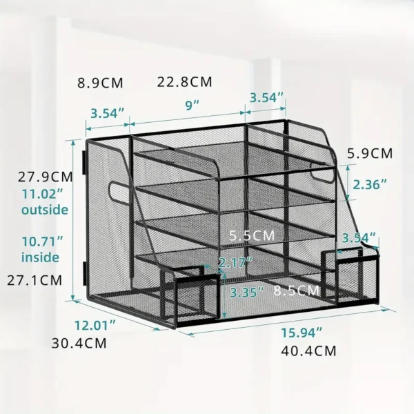 5-Tier Metal Mesh File Organizer with Side Magazine Holder – Desktop Document Tray Rack for Office, School & Home Storage - Image 2
