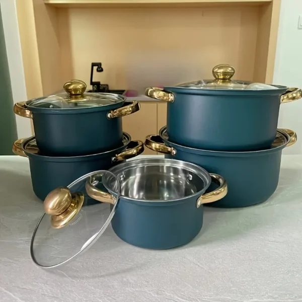 Non-Stick Aluminum Cookware Set – 10-Piece Kitchen Pots and Pans with Glass Lids, Dishwasher Safe, Induction Compatible